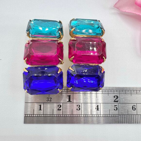 Vintage Three Rhinestone Huge Clip On Earrings Teal Fuchsia Blue 80s Mob Wife - Picture 14 of 16
